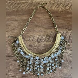Gold Tone Fringe Necklace with White Bead Accents